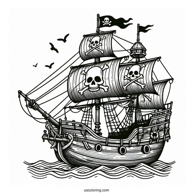 Pirate Ship With Skull And Bones Coloring Page