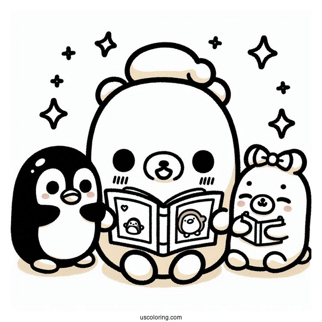 Sumikko Gurashi Coloring Page Of Tonkatsu, Penguin, Niko, And Polari Reading With Minnikos