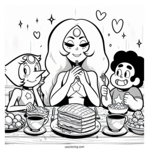 Steven Universe Coloring Page Of Having Breakfast With Pearl, Garnet, And Amethyst
