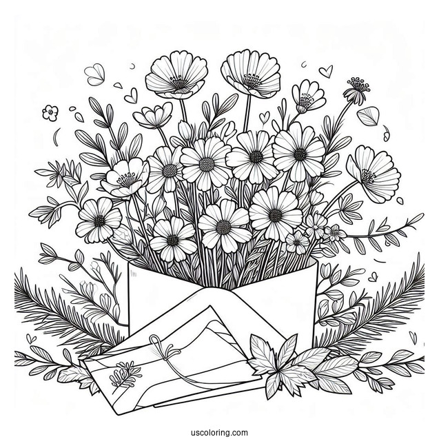 Wildflowers Bursting From An Envelope In Spring Coloring Sheet For Kids