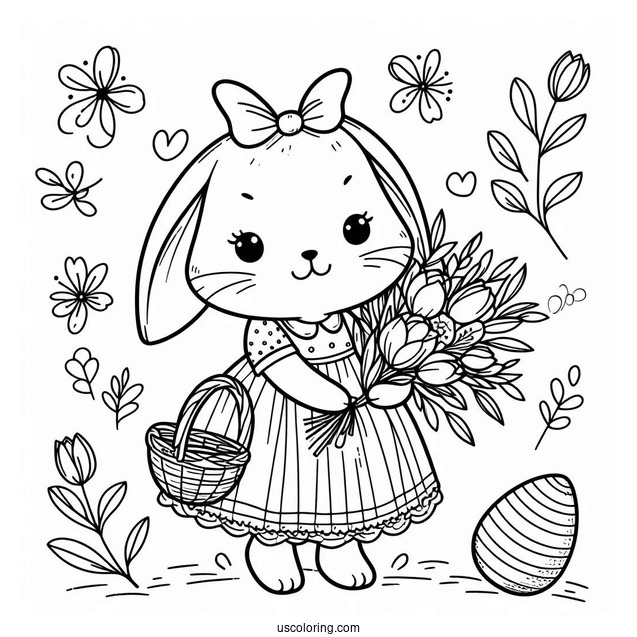 Adorable Bunny In A Dress With A Flower Bouquet In Spring Coloring Sheet