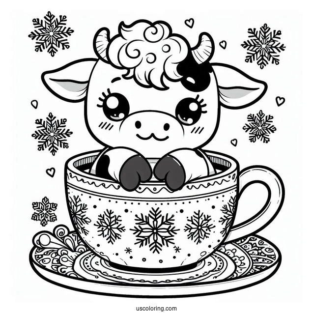 Cute Cow In A Teacup With Snowflake Design