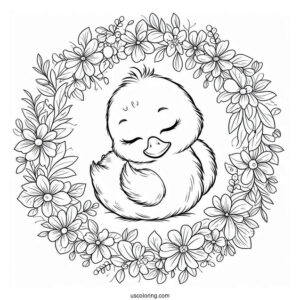 Sleeping Duckling Inside A Flower Wreath