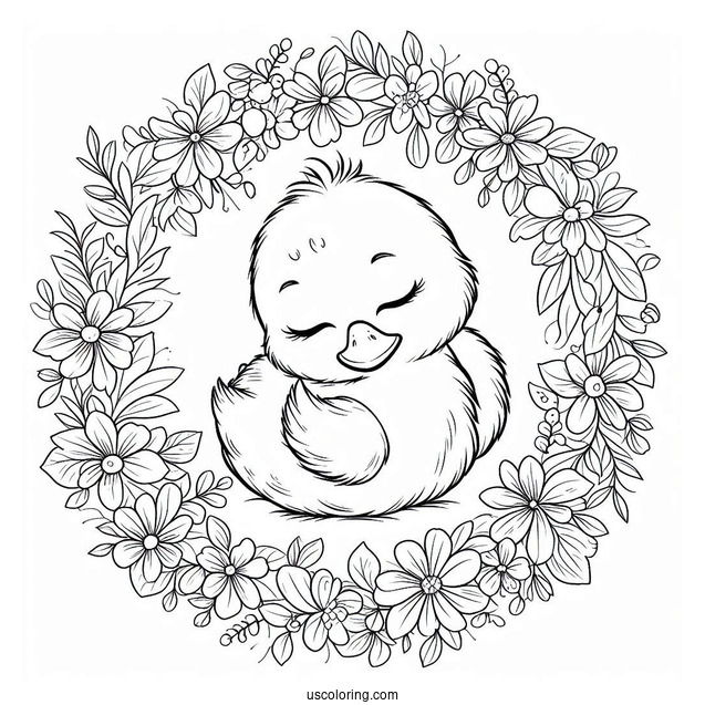 Sleeping Duckling Inside A Flower Wreath