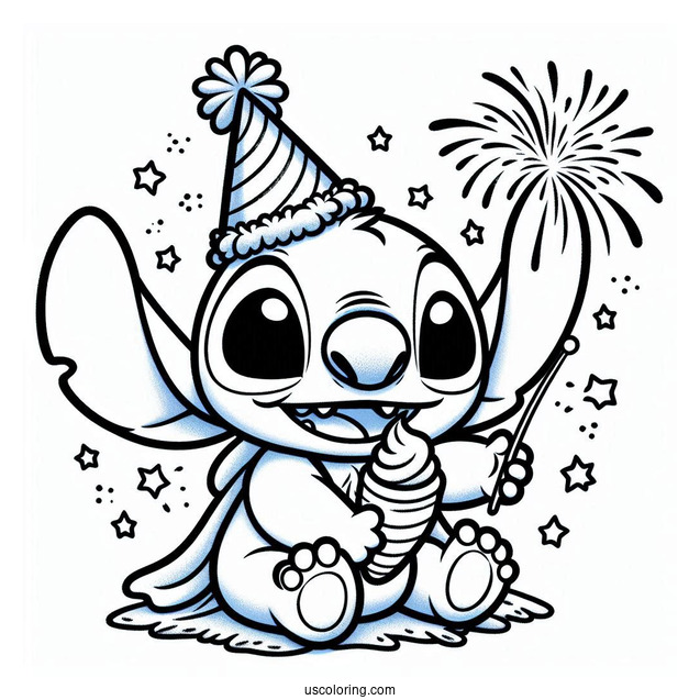 New Year Coloring Page Of Smiling Stitch With A Party Hat And A Sparkler