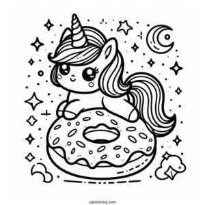 Kawaii Unicorn On A Donut Coloring Page