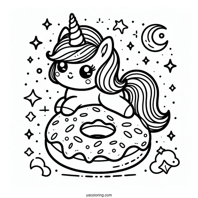 Kawaii Unicorn On A Donut Coloring Page