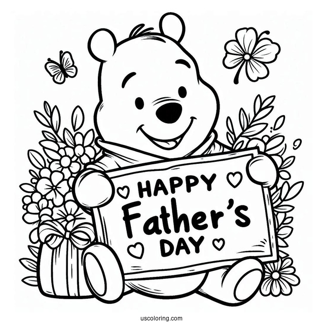 Smiling Winnie The Pooh With A Happy Father's Day Sign Coloring Page For Kids