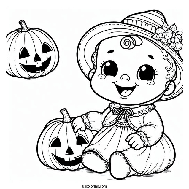 Smiling Baby Coloring Page In a Jack O Lantern Costume