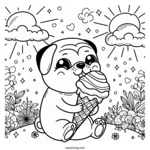 Pug Coloring Page Enjoying Ice Cream Cone In The Clouds for Kids