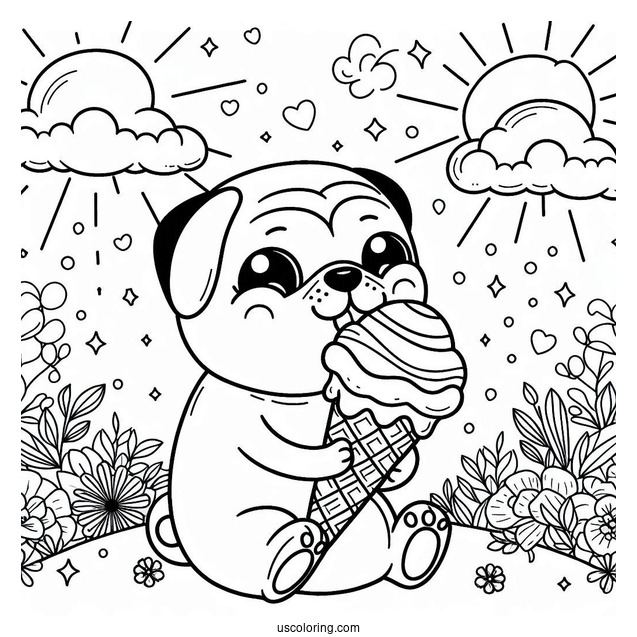 Pug Coloring Page Enjoying Ice Cream Cone In The Clouds for Kids