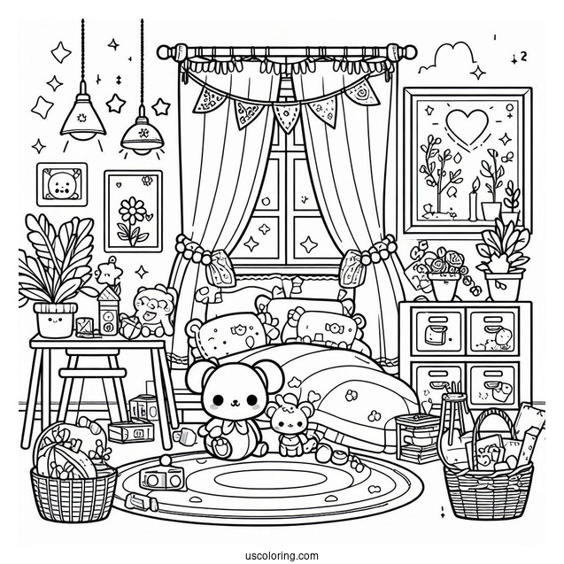 Kawaii Kid's Bedroom Coloring Page Full Of Toys For Kids