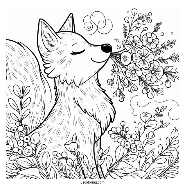 Beautiful Fox Coloring Page Smelling Flowers
