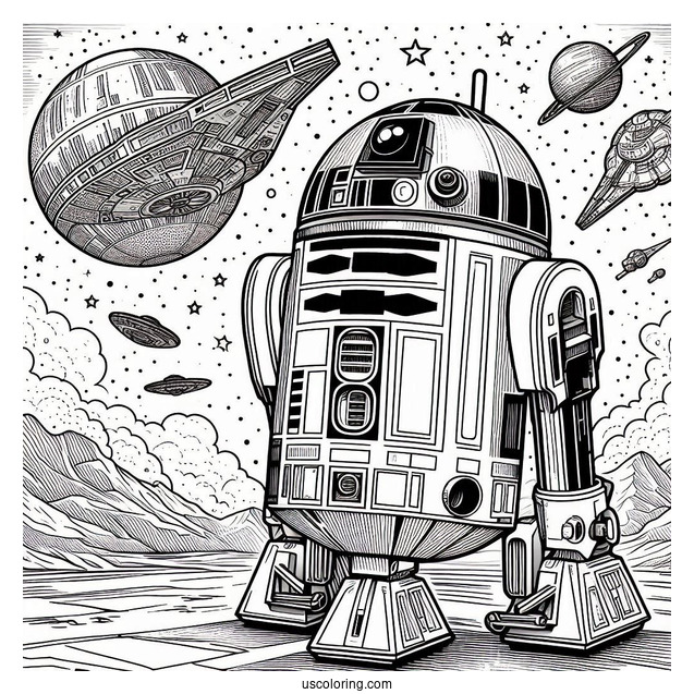 Simple R2-D2 Coloring Page In A Starship