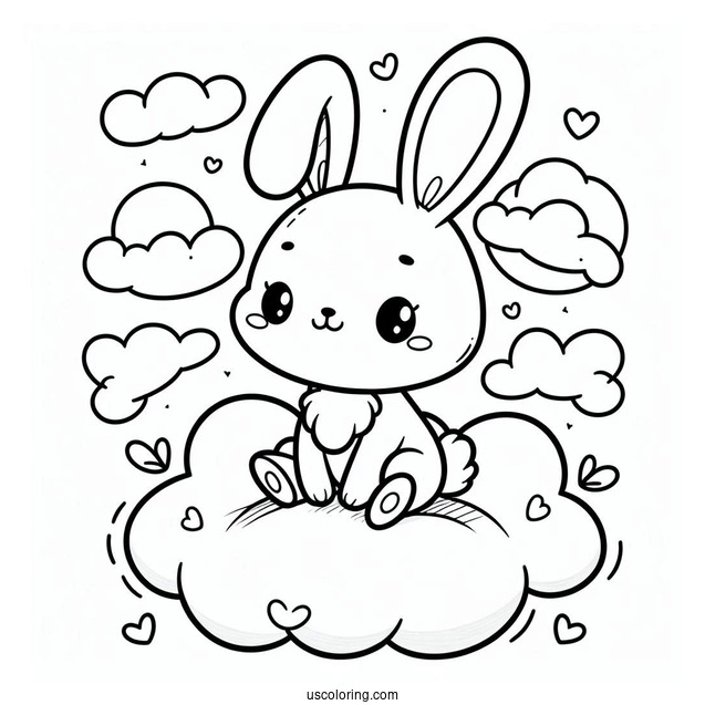 Kawaii Rabbit Coloring Page Sitting On The Clouds