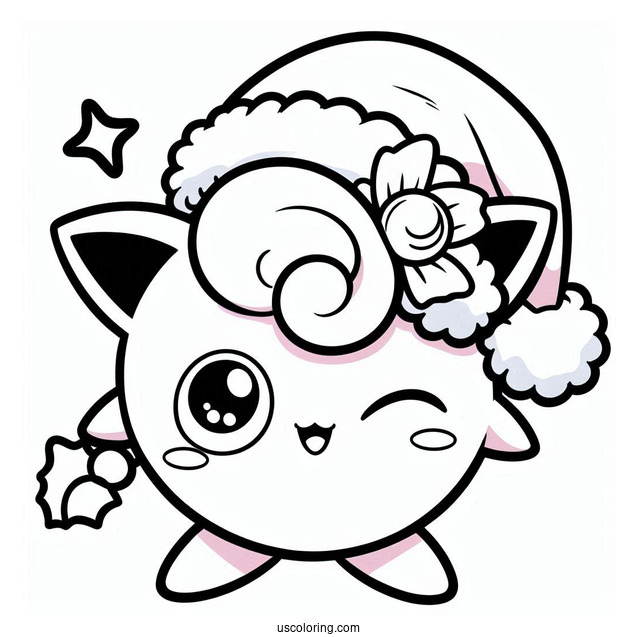 Pokemon Christmas Coloring Page Winking Jigglypuff Wearing Santa Hat For Kids