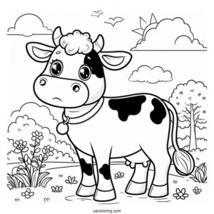 Coloring Sheet Of Cow On a Farm