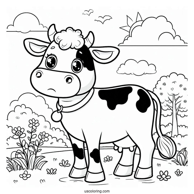 Coloring Sheet Of Cow On a Farm