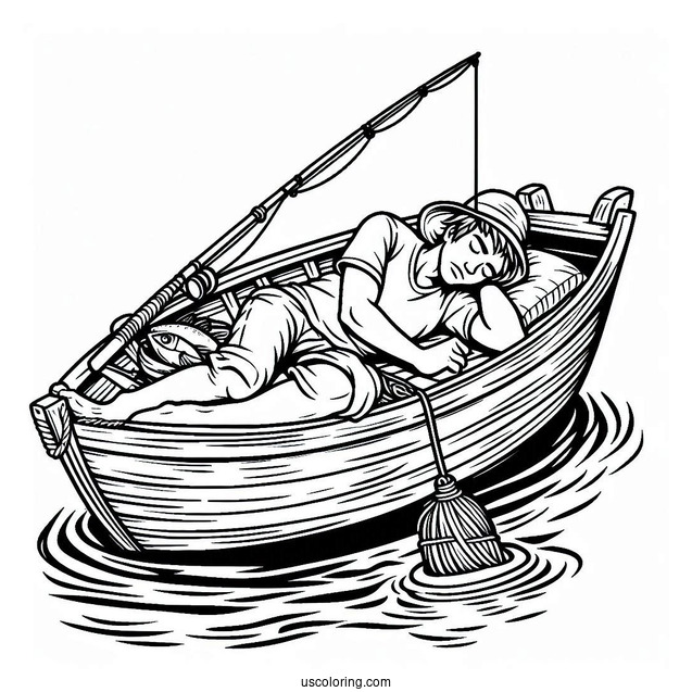 Man Sleeping On A Boat While Fishing Coloring Page In The Sea