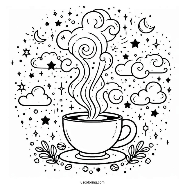Magical Coffee Coloring Pages Of Cup With Clouds And Stars