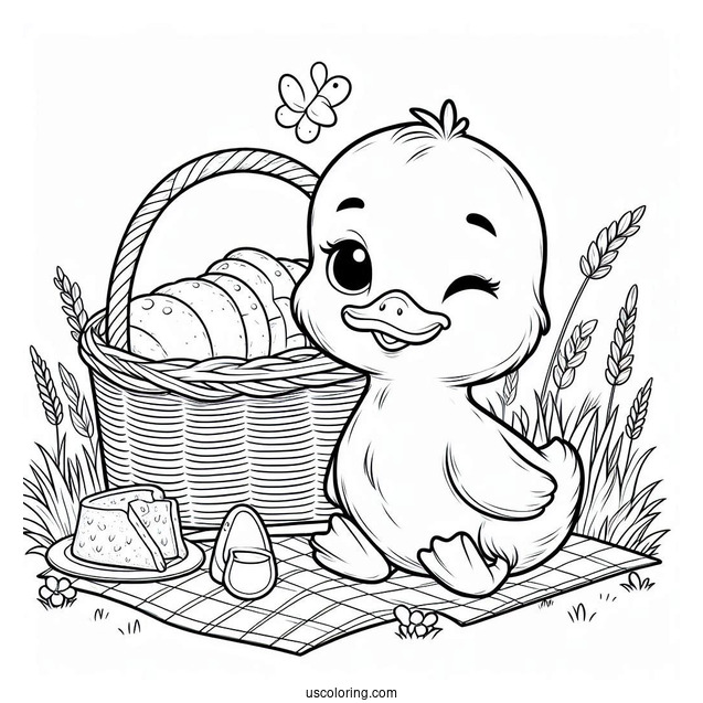 Duckling with Picnic Basket and Food Coloring Sheet For Preschoolers