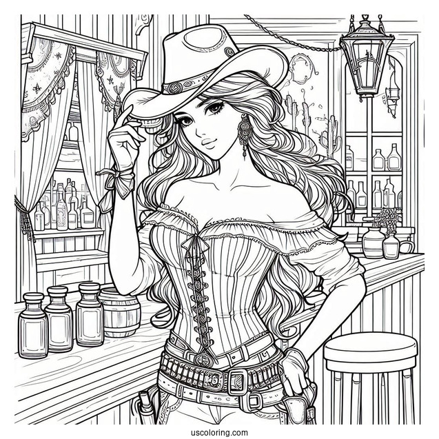 Female Cowboy Coloring Page In Saloon