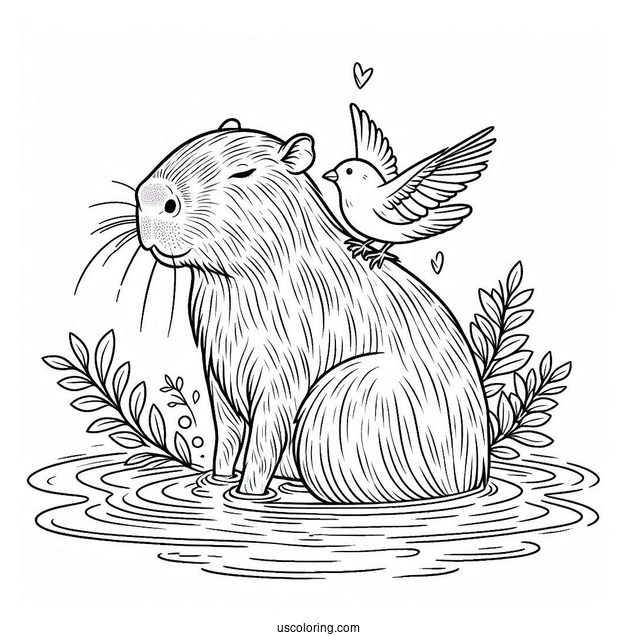Bathing Capybara Coloring Page With Bird On Its Head