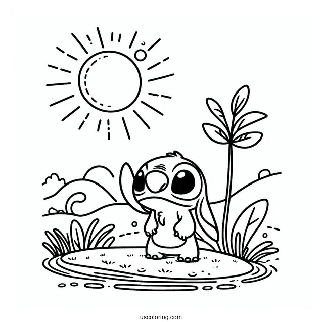 Stitch Standing Under The Sun Coloring Page For Kids