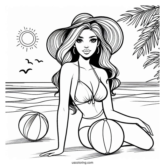 Simple Girl In Swimsuit With A Beach Ball Summer Coloring Page For Kids