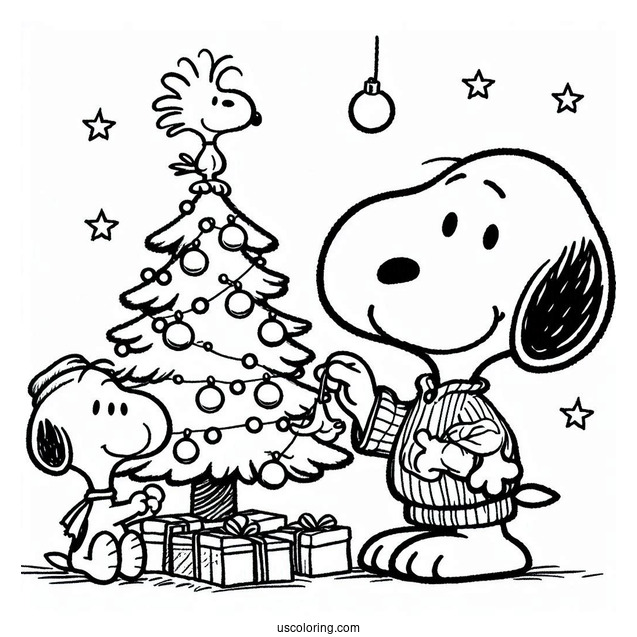 Snoopy And Woodstock Decorating Christmas Tree To Color