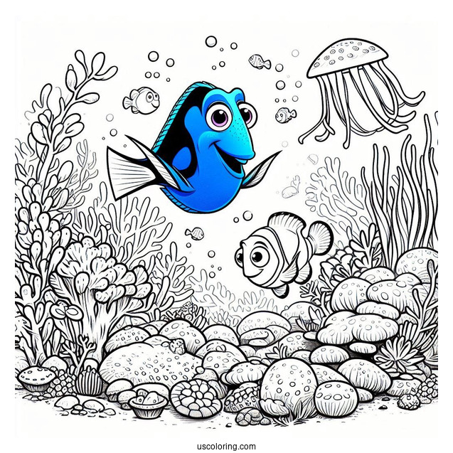 Pixar Coloring Page of Dory And Marlin In Coral Reef