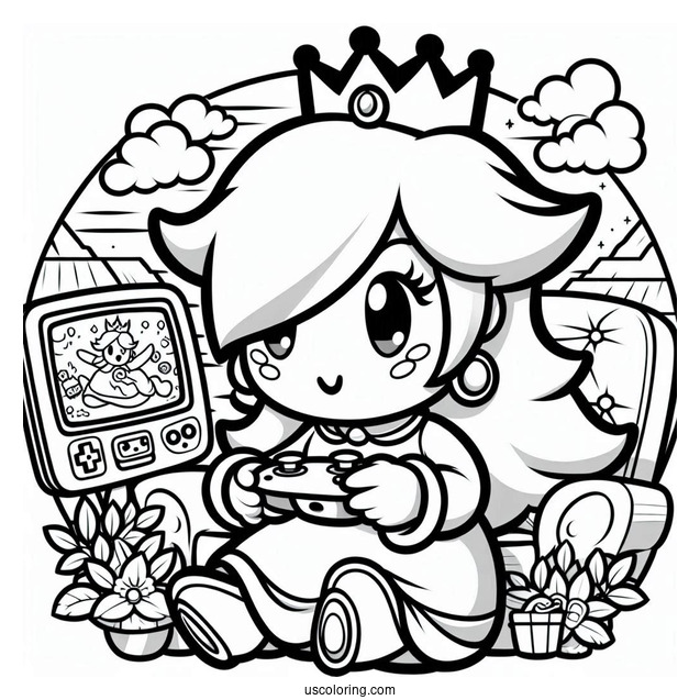 Rosalina Coloring Page Playing Video Game With Luma Watching