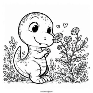Baby T-Rex Smelling Flowers Coloring Sheet