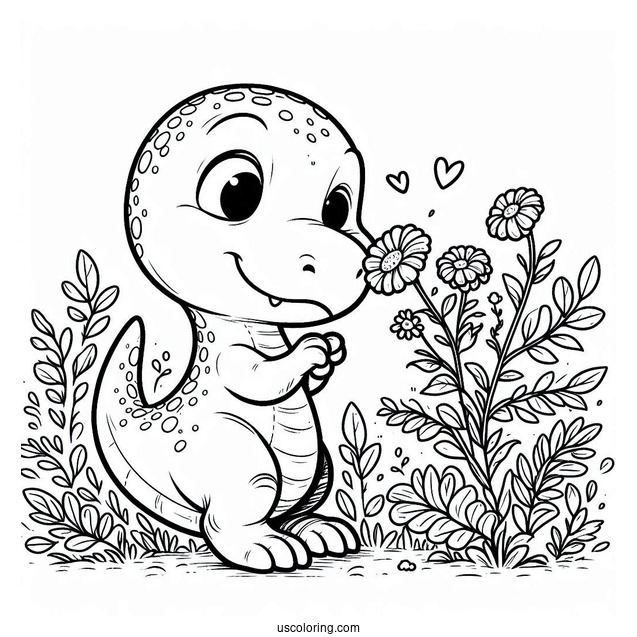 Baby T-Rex Smelling Flowers Coloring Sheet
