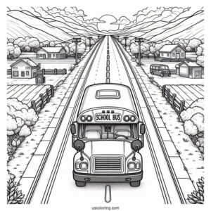 Top View Of Small School Bus Coloring Page On The Road