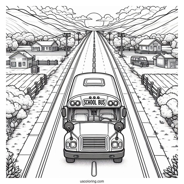 Top View Of Small School Bus Coloring Page On The Road