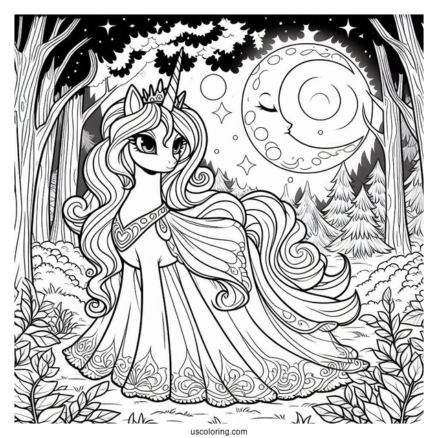 Princess Luna Coloring Page In The Forest At Night