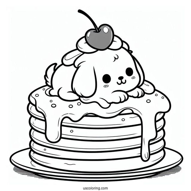 Cartoon Puppy Topping On Fluffy Pancake Coloring Page