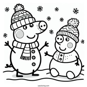 Peppa And George With Snowman Coloring Sheet