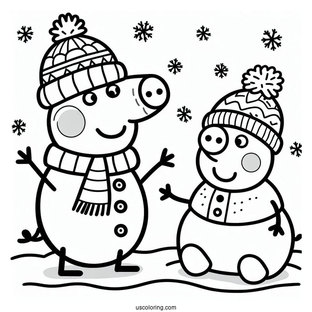 Peppa And George With Snowman Coloring Sheet