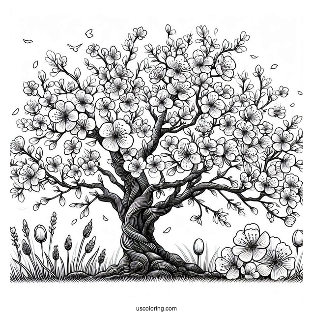 Large Tree Blooming Flowers In Spring Coloring Page