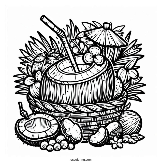 Coconut Coloring Page Juice With Straw On Top Of Fruit Baskets