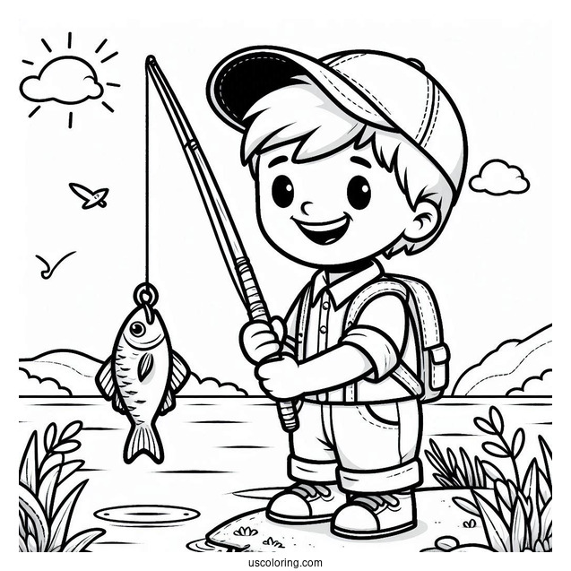 Fishing Coloring Page Of Boy Holding Up Fish With A Hook For Preschoolers