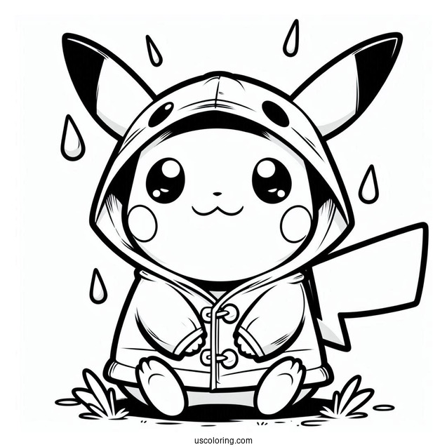 Cute Pikachu Wearing Raincoat Coloring In