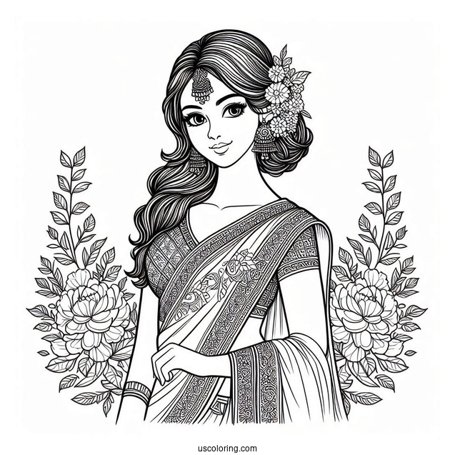 Indian Woman Wearing Elegant Sari Dress Coloring Page