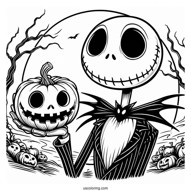 Jack Skellington Holding Jack-O-Lantern Halloween Coloring In