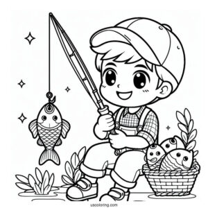 Fishing Coloring Page Of Boy Holding Up Fish With A Hook For Preschoolers