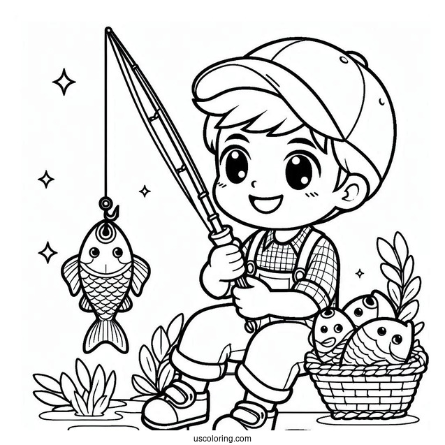 Fishing Coloring Page Of Boy Holding Up Fish With A Hook For Preschoolers