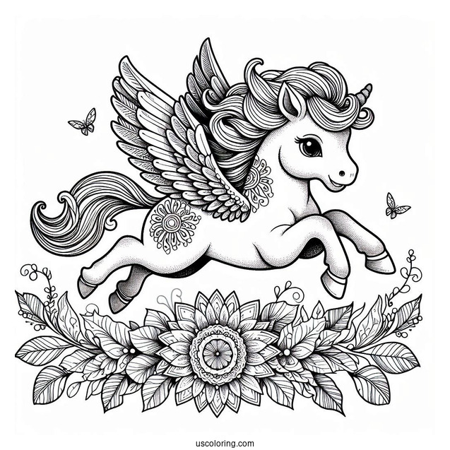Baby Pegasus Coloring Page Leaping Over Flower Mandala