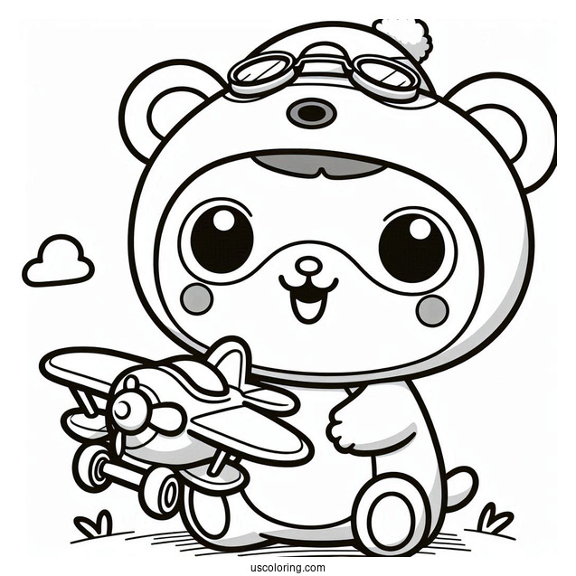Smiling Pororo Coloring Page Holding Toy Airplane